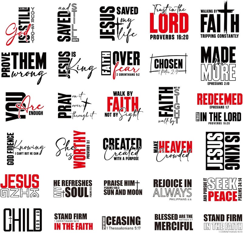 Shejdgart Dtf Transfers Ready to Press - 30 Pcs Christian Bible Verse Inspirational Iron on Patches for T-Shirts, Religious Iron on Stickers Heat Transfer Vinyl Decals for DIY Fabric Clothes Decor - Image 1